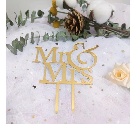 Zlatý akrylový zápich na svadobnú tortu Mr. & Mrs.