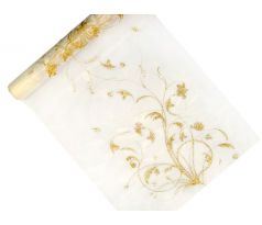 Vzorovaná organza biela so zlatými kvetmi