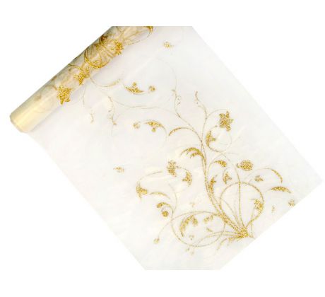 Vzorovaná organza biela so zlatými kvetmi