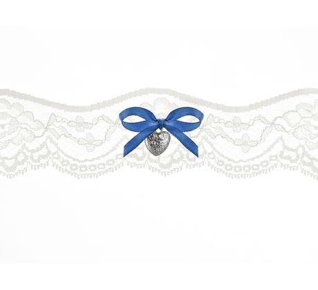 Vintage podväzok biely s modrou mašličkou a perlovým srdiečkom