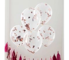 Balóny s ružovo zlatými konfetami srdiečka 5 ks