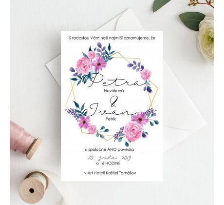 Svadobné oznámenie Hexagon kvety