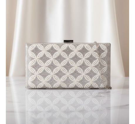 Spoločenská kabelka clutch s perličkami strieborná