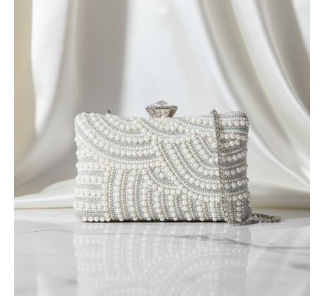 Spoločenská kabelka zdobená perličkami biela 2