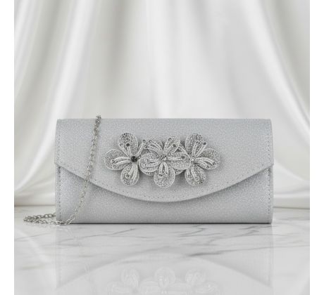 Spoločenská kabelka saténová s kvetmi strieborná