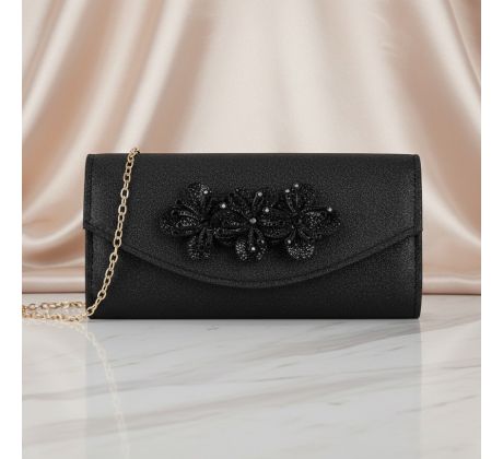 Spoločenská kabelka saténová s kvetmi čierna