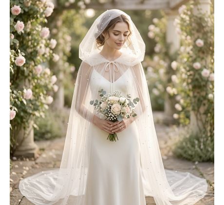 Dlhý tylový kabát s kapucňou perličkový