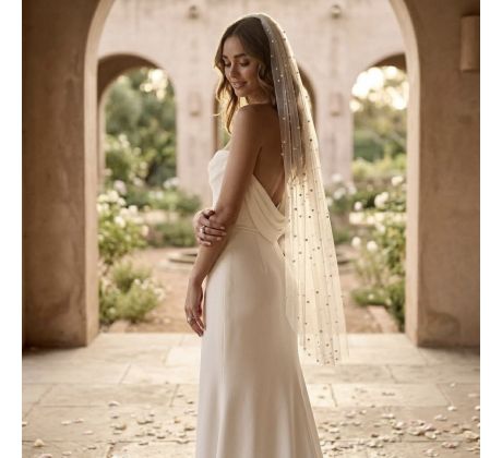 Krátky svadobný závoj s perličkami