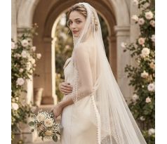 Dlhý svadobný závoj zdobený perličkami