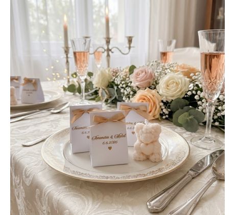 Darček pre svadobných hostí - sviečka macko v papierovom balení